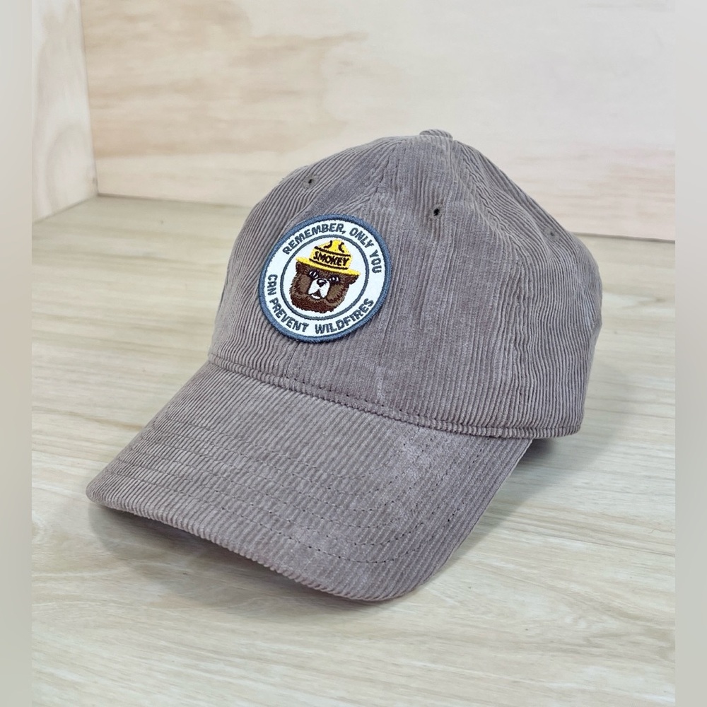 Smokey Bear Patch Gray Tan Corduroy Baseball Cap